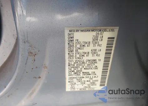 2008 Nissan Titan Se из США, поврежденный, VIN 1N6BA07G68N301182